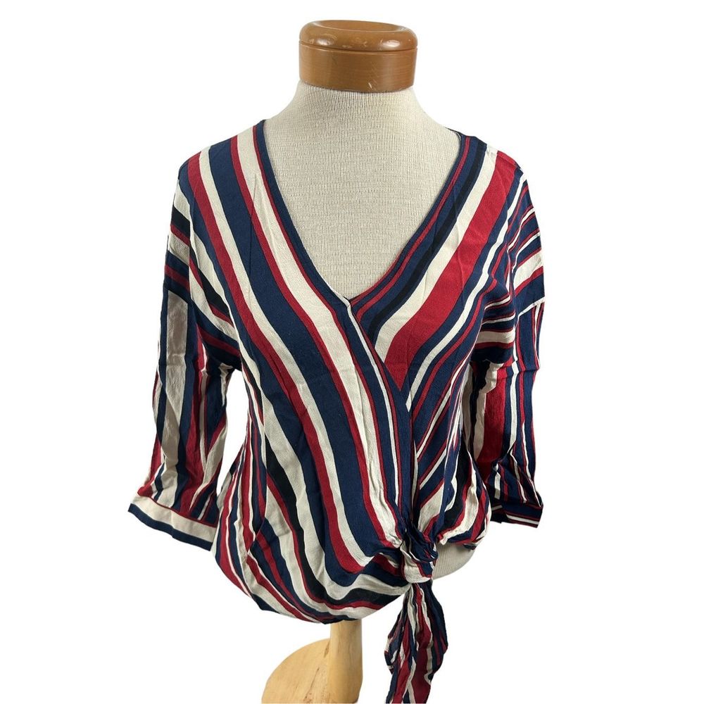 Zara basic red, white and blue striped V-neck line wrap blouse with tie. Size S